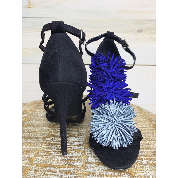 Black Stiletto Heels with Blue Pom Pom Detailing - Picture 1 of 6